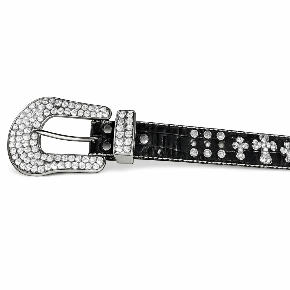 Large Nocona Black Leather Rhinestone Cross Belt | Western Bling | Size 35"-39" - Picture 6 of 6